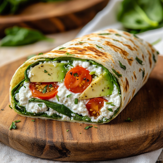 A beautifully presented cottage cheese wrap on a plate, filled with spinach, cherry tomatoes, avocado, and cottage cheese, garnished with fresh herbs.