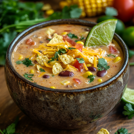 A chilled bowl of Taco Soup Frios garnished with shredded cheese, tortilla chips, cilantro, and a lime wedge.