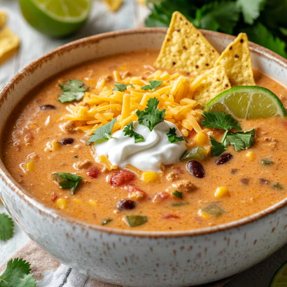 A chilled serving of Taco Soup Frios garnished with tortilla chips, cilantro, sour cream, and lime wedges, perfect for summer dining.