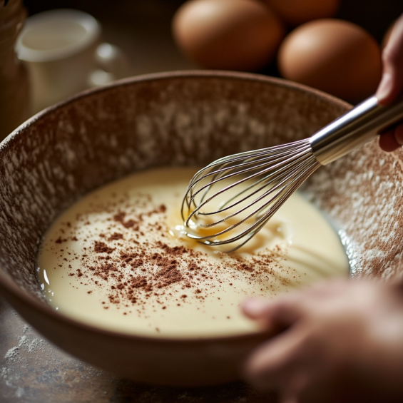 A close-up of a mixing bowl with eggs, milk, cinnamon, and vanilla being whisked together for sourdough French toast batter.