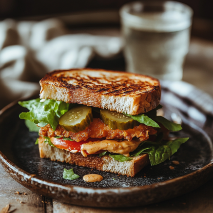 A crispy chicken sandwich on a toasted bun with lettuce, tomato, pickles, and sauce, served on a plate with crumpled napkins nearby.