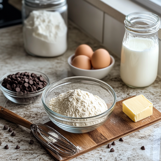 A flat lay of ingredients for chocolate chip pancakes, including flour, eggs, buttermilk, chocolate chips, butter, and sugar.