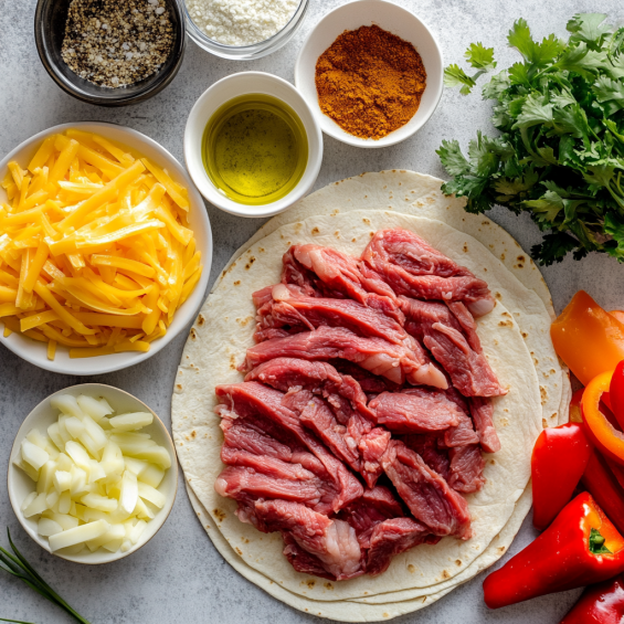 A flat lay of ingredients for steak quesadillas, including raw steak, shredded cheese, flour tortillas, onions, bell peppers, and seasoning.