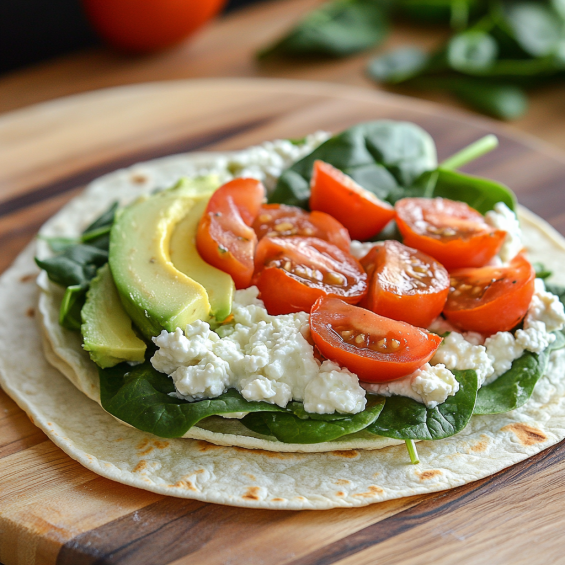 A partially assembled cottage cheese wrap on a flat surface, showing layers of cottage cheese, spinach, cherry tomatoes, and avocado slices, ready to be rolled.