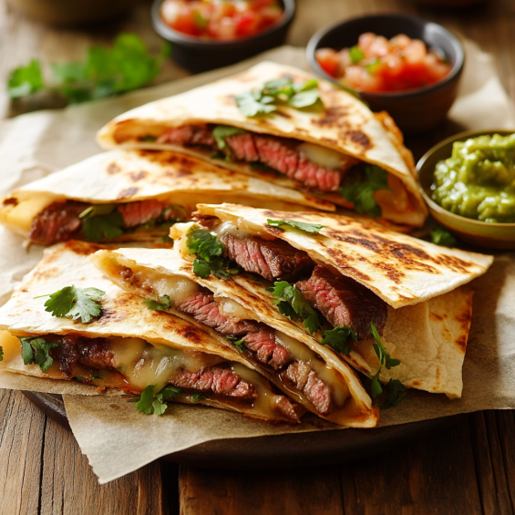 A plate of steak quesadillas cut into wedges, showing melted cheese, juicy steak, and crispy tortillas, garnished with fresh cilantro.