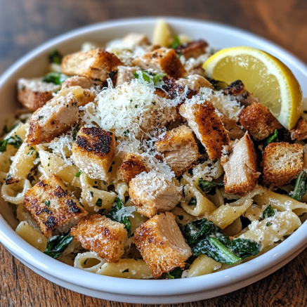 A serving of Caesar pasta salad in a white bowl, garnished with Parmesan and a lemon wedge.