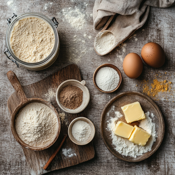 A simple arrangement of sourdough cinnamon roll ingredients, including flour, eggs, butter, sugar, and a jar of sourdough starter.