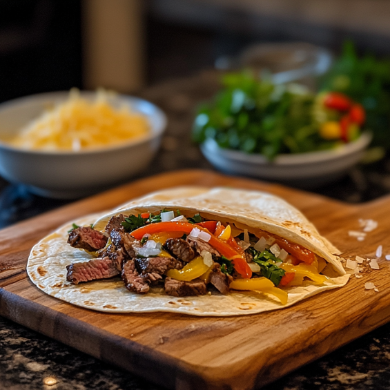  A steak quesadilla being assembled on a cutting board, with steak, cheese, and vegetables layered on half of the tortilla.