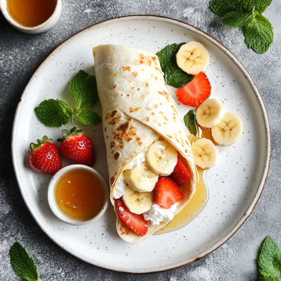 A sweet cottage cheese wrap served on a white ceramic plate. The wrap is filled with creamy cottage cheese, sliced strawberries, bananas, and a drizzle of honey. The plate is garnished with fresh mint leaves and a small bowl of honey on the side. Bright natural light and a minimalist, elegant setup.