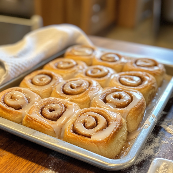 A tray of homemade sourdough cinnamon rolls, golden brown with uneven swirls, drizzled with a simple glaze.