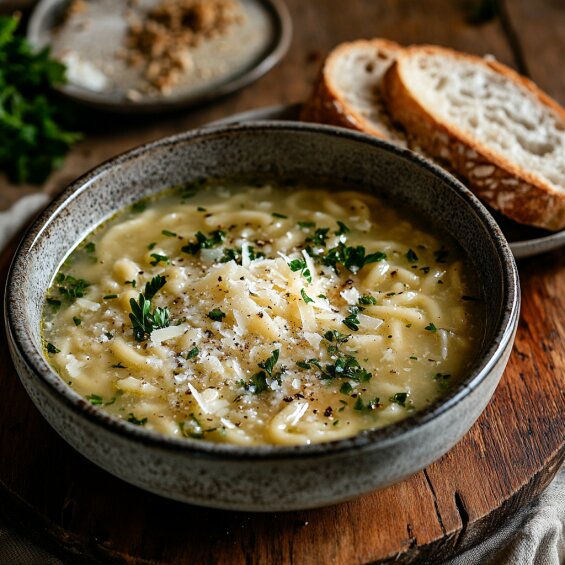 Pastina Soup served in a bowl, garnished with Parmesan cheese and parsley, with crusty bread on the side.