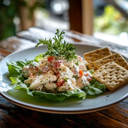 A beautifully plated chicken salad served on a bed of lettuce with crackers on the side, garnished with fresh herbs, presented on a white plate, rustic wooden table, soft natural lighting, inviting and elegant aesthetic.