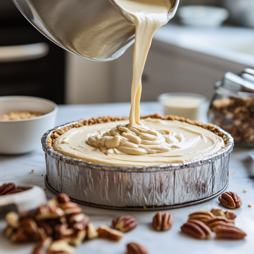 Close-up of creamy cheesecake batter being poured into a springform pan with a graham cracker crust on a kitchen counter.