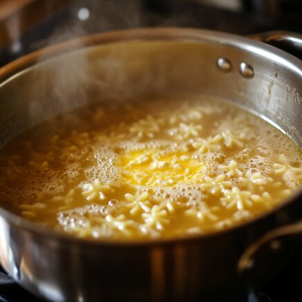 Pastina Soup cooking on the stovetop with tiny pasta in golden chicken broth and a swirl of whisked egg.