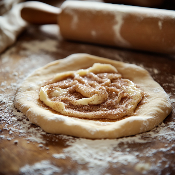 Dough rolled out unevenly on a floured surface, spread with cinnamon-sugar filling, ready to be rolled up.