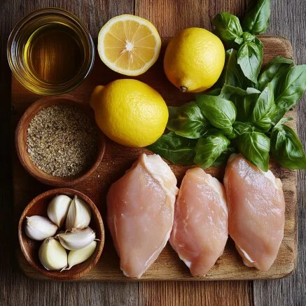 Ingredients for Lemon Basil Chicken, including chicken breasts, fresh basil, lemons, garlic, olive oil, and seasoning, displayed on a wooden board.