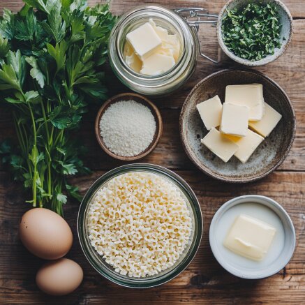 Ingredients for Pastina Soup, including pastina pasta, chicken broth, Parmesan cheese, butter, and fresh parsley, displayed on a wooden countertop.