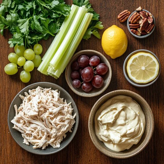 Ingredients for Chicken Salad Chick recipe, including shredded chicken, mayonnaise, celery, Dijon mustard, lemon, and grapes, laid out on a wooden counter.