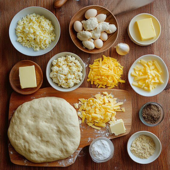 Ingredients for Breakfast Pizza Rolls, including pizza dough, eggs, sausage, cheese, and butter, displayed on a wooden countertop.