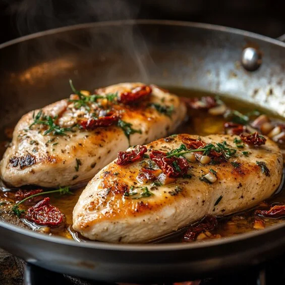 Chicken breasts searing in a skillet with garlic and sun-dried tomatoes, showing the first step in making Marry Me Chicken Pasta.