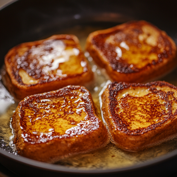 Golden-brown slices of sourdough French toast sizzling in a non-stick skillet with melted butter.