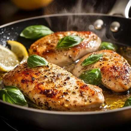 Chicken breasts searing in a skillet with garlic and olive oil, part of the Lemon Basil Chicken cooking process.