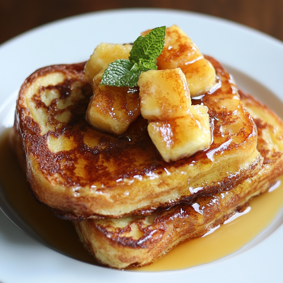 A close-up of golden-brown Hawaiian Roll French Toast stacked on a white plate, drizzled with maple syrup and garnished with fresh strawberries and powdered sugar.