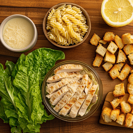 Ingredients for Caesar pasta salad: pasta, lettuce, chicken, Caesar dressing, Parmesan, croutons, and lemon.