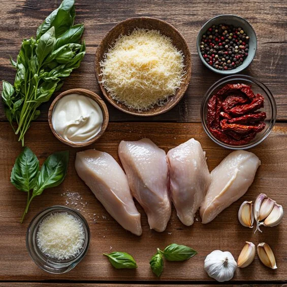 Ingredients for Marry Me Chicken Pasta, including chicken breasts, parmesan cheese, sun-dried tomatoes, garlic, and fresh basil, laid out on a wooden counter.