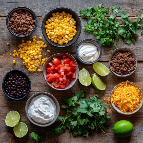 Ingredients for Taco Soup Frios laid out on a wooden countertop, including tomatoes, beans, corn, taco seasoning, ground meat, and fresh cilantro.