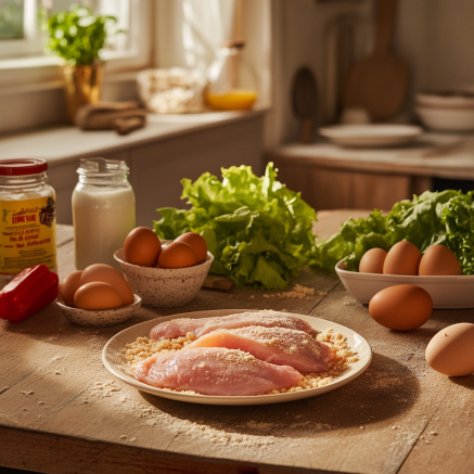 Ingredients for a crispy chicken sandwich laid out: raw chicken breasts, flour, eggs, buttermilk, panko breadcrumbs, and fresh vegetables.