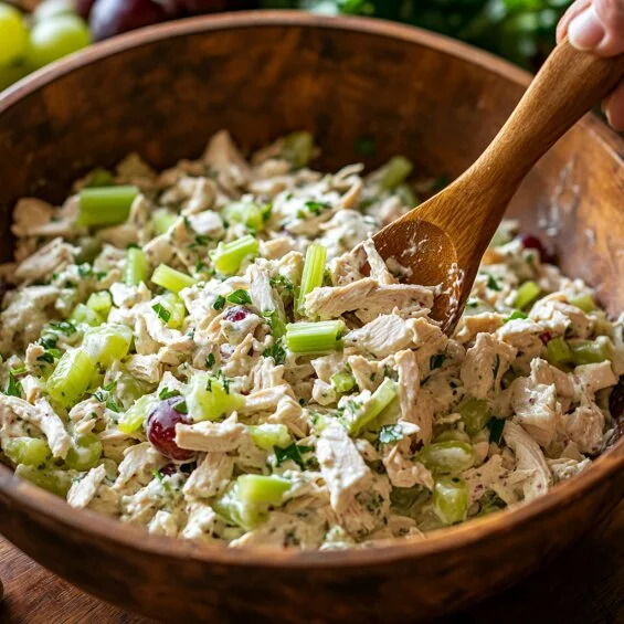 Chicken salad mixture in a bowl with chicken, celery, grapes, and creamy dressing being stirred.