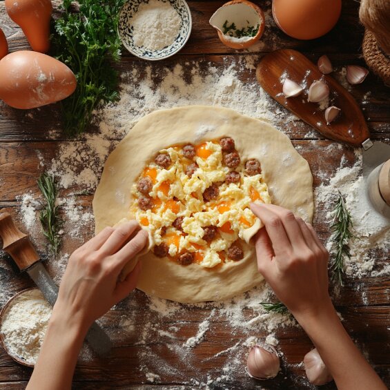 Hands rolling out pizza dough filled with scrambled eggs, sausage, and cheese, showing the process of assembling Breakfast Pizza Rolls.