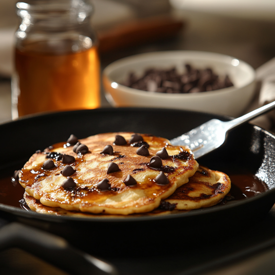 Pancakes cooking on a skillet with chocolate chips visible, golden edges forming, and a spatula ready to flip them.