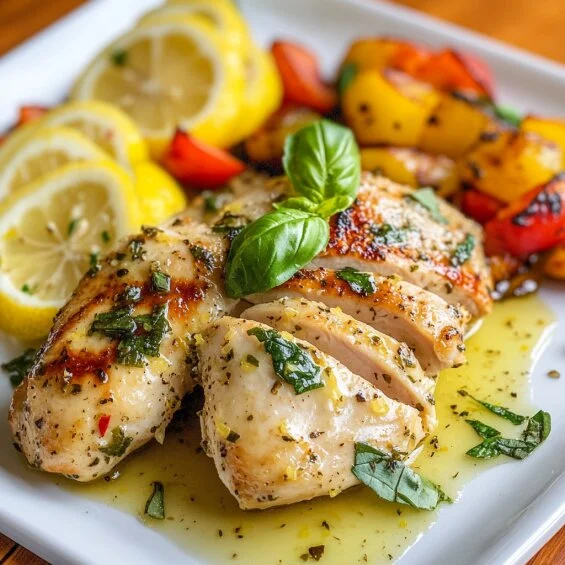 Lemon Basil Chicken served on a white plate with lemon basil sauce, garnished with fresh basil and lemon slices, alongside roasted vegetables.