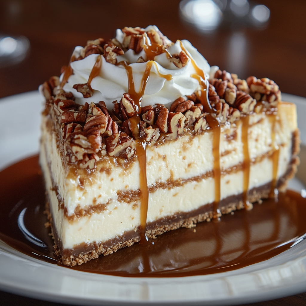 Single slice of pecan pie cheesecake on a white plate, showing distinct layers of cheesecake and pecan topping, garnished with whipped cream and caramel drizzle.