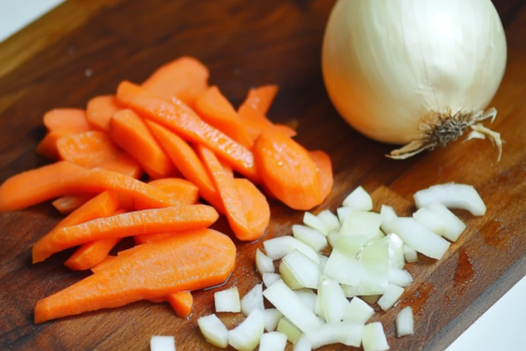 Dice the onion into half rings, then clean carrots and cut them into large pieces.