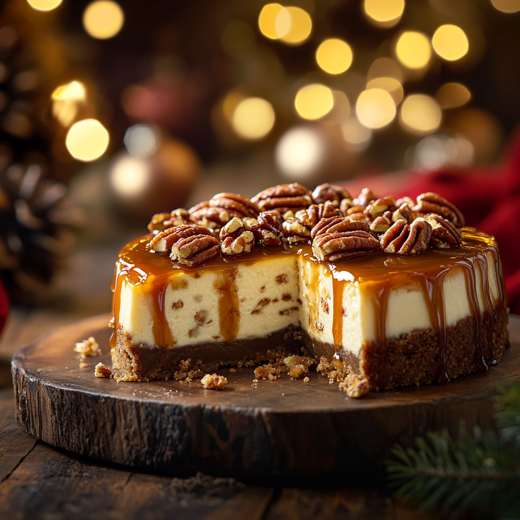 Whole pecan pie cheesecake topped with caramel drizzle and toasted pecans on a rustic wooden table.