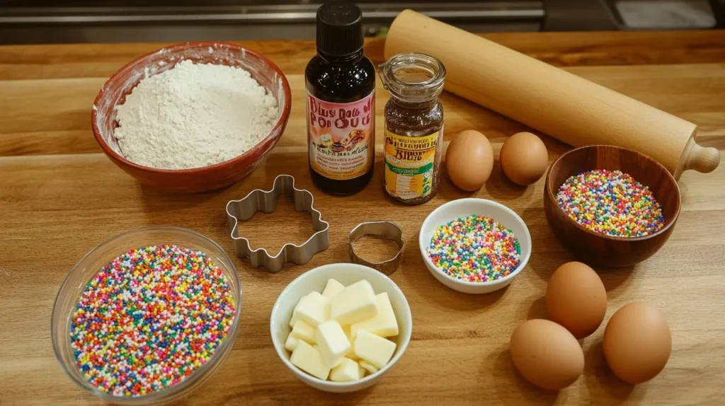 Ingredients for anise cookies, including flour, sugar, eggs, butter, anise extract, and sprinkles, arranged on a wooden countertop.