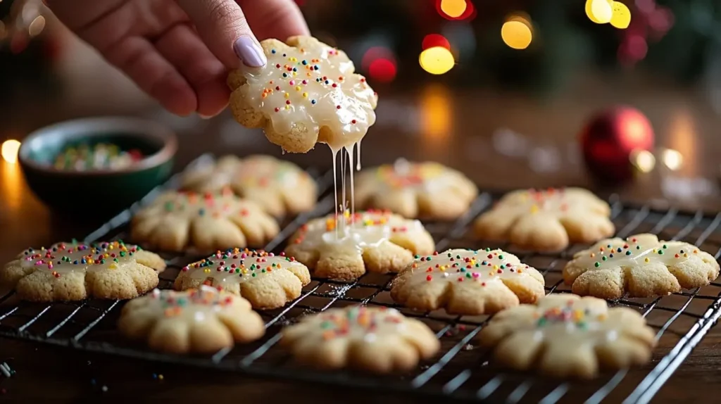 Anise cookies cooling on a wire rack while one cookie is being dipped into glaze, with sprinkles and holiday lights in the background.