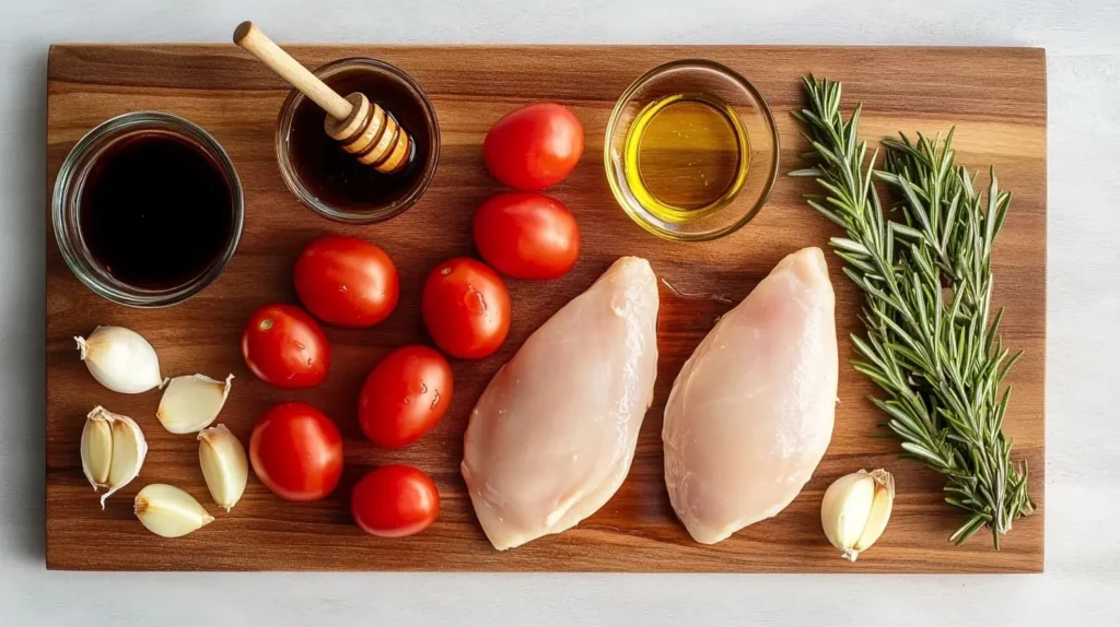 Ingredients for balsamic chicken, including chicken breasts, balsamic vinegar, honey, garlic, rosemary, and cherry tomatoes.