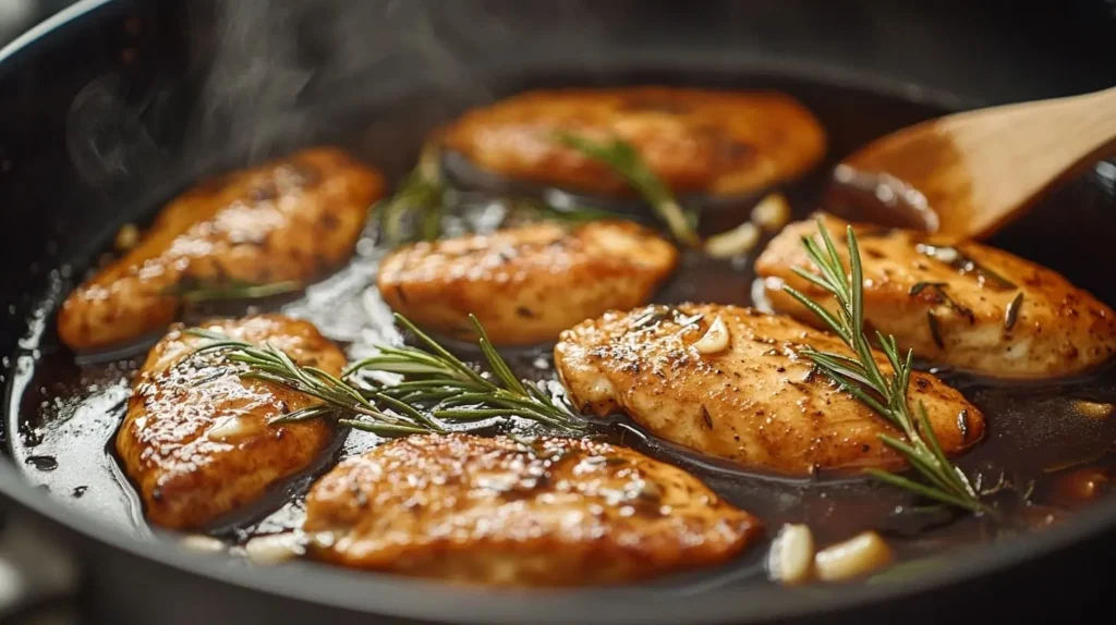 Chicken breasts simmering in a skillet with a glossy balsamic glaze, garnished with garlic and rosemary.