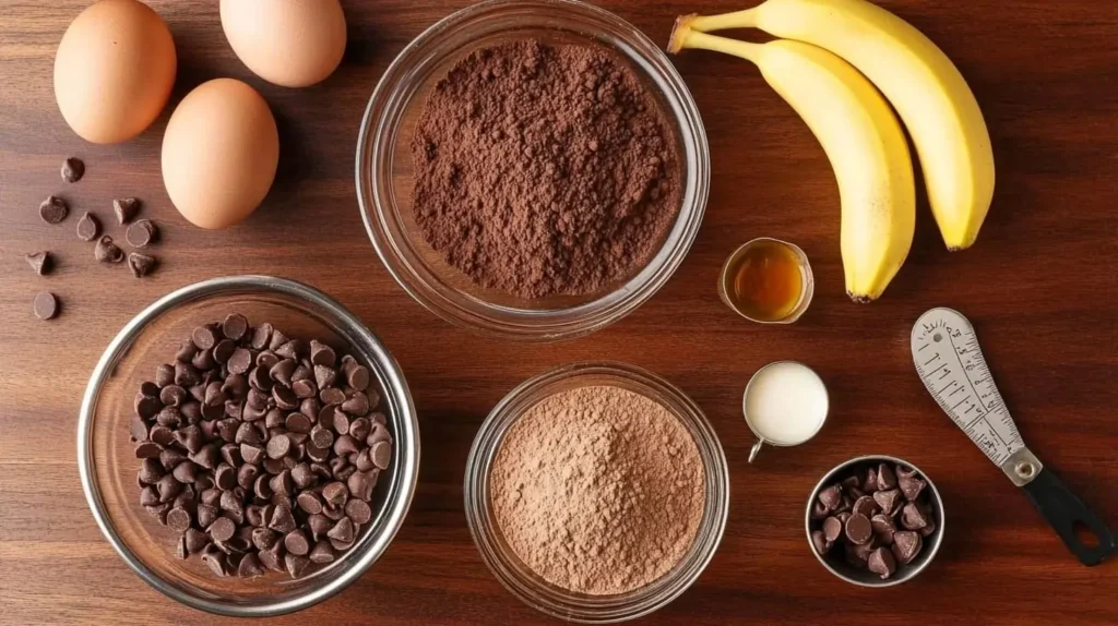 Ingredients for banana brownies including ripe bananas, cocoa powder, almond flour, eggs, and chocolate chips on a wooden countertop.