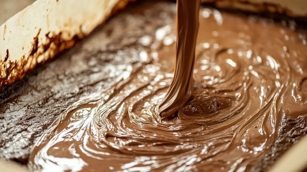 Pouring banana brownie batter into a baking pan, with chocolate swirls visible in the thick, glossy mixture.