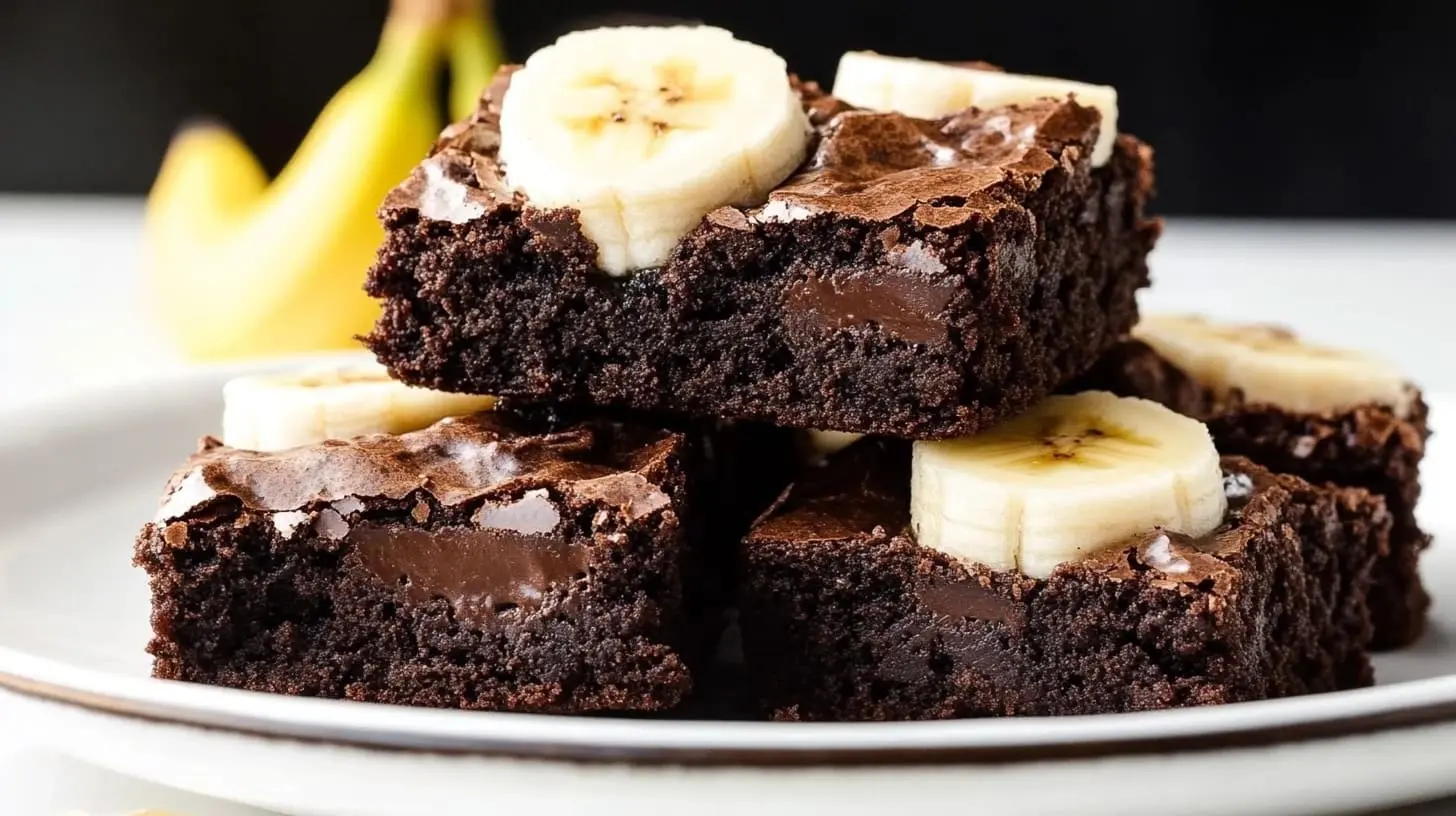 Sliced banana brownies on a rustic wooden table, showcasing a fudgy texture with chocolate chips and overripe bananas.