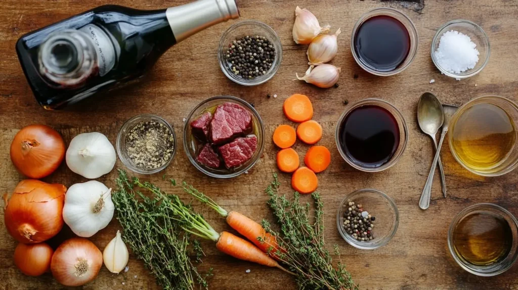 Top-down view of ingredients for Slow Cooked Beef Cheeks in Red Wine Sauce, including beef cheeks, vegetables, and seasonings on a wooden table.