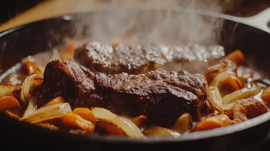 Beef cheeks being seared in a cast iron skillet, surrounded by sautéed onions and carrots, with a golden crust forming on the meat, on a wooden table.