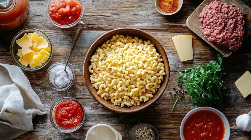 Ingredients for beefaroni including ground beef, elbow macaroni, tomato sauce, and cheddar cheese on a wooden countertop.