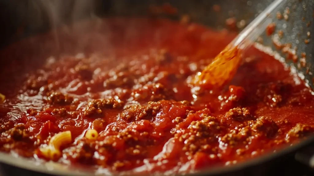 Close-up of beefaroni cooking in a skillet with ground beef, tomato sauce, and macaroni.