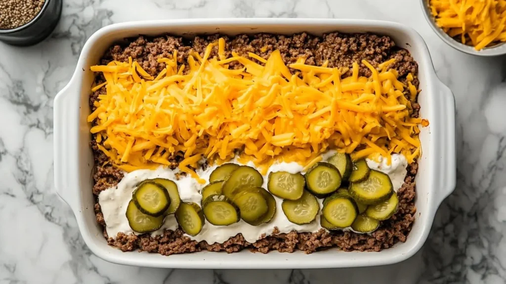 Assembling Big Mac Casserole with layers of beef, cheese, pickles, and sauce in a baking dish.